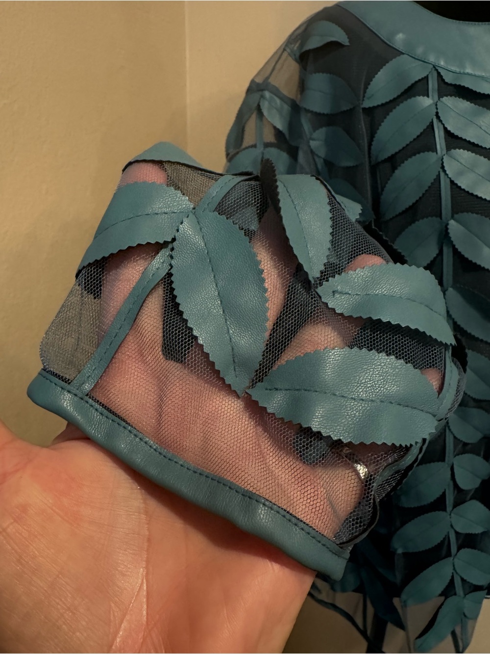 Modern Teal Mesh Faux Leather Leaf Jacket With Sheer Panel and Front Zipper - Picture 6 of 9